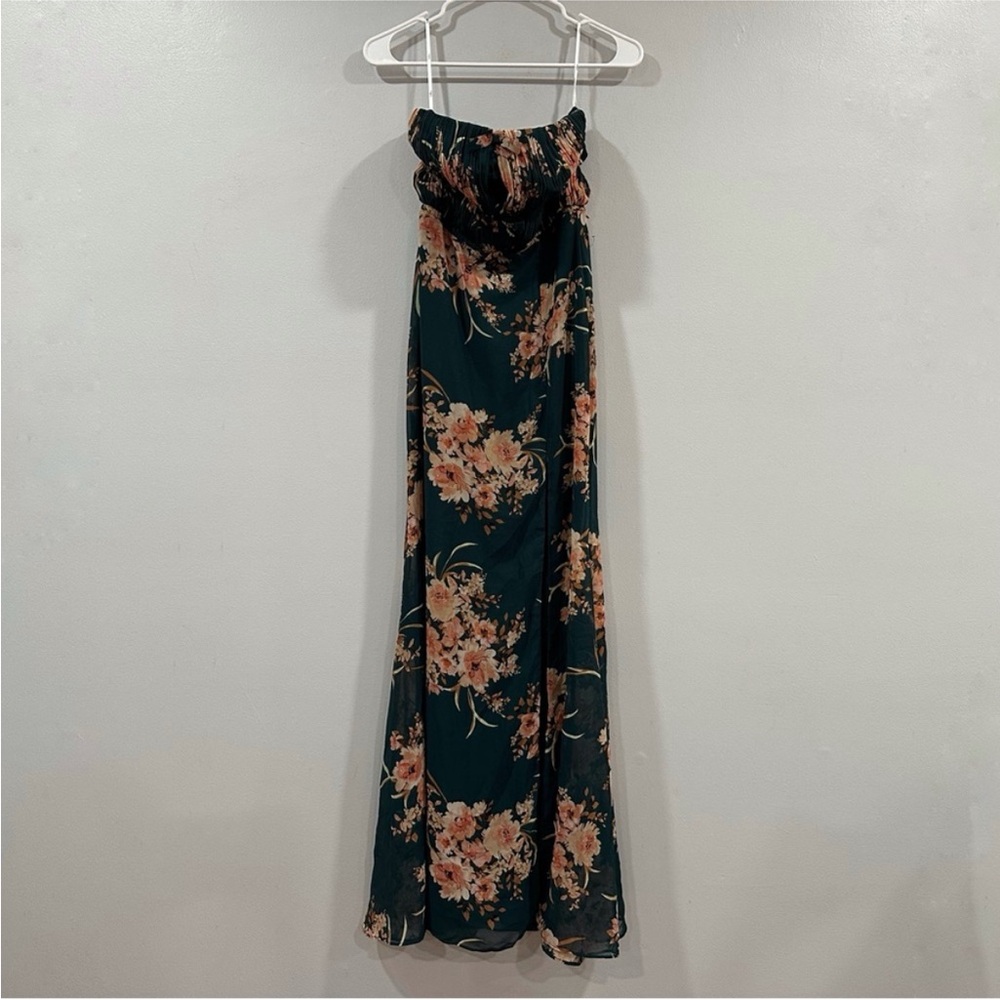 Lulus Enchanting Garden Emerald Floral Cutout Bow Strapless Maxi Dress Green XS